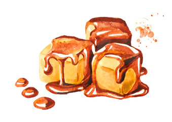 Caramel candies and caramel sauce. Watercolor hand drawn illustration isolated on white background.jpg