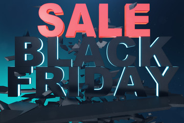 Naklejka na ściany i meble Black Friday, sale message for shop. Business shopping store banner for Black Friday. Black Friday crushing ground. 3D Neon text breaking through floor. 3D illustration