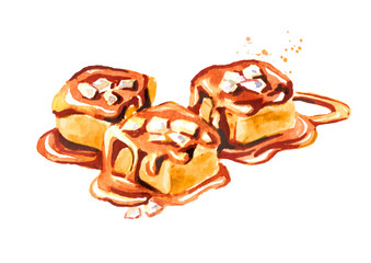 Salted caramel candies and caramel sauce. Watercolor hand drawn illustration isolated on white background