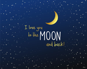 Dark blue sky with lots of stars with golden text and moon vector illustration background.
