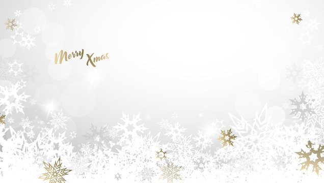 Christmas light vector background illustration with snowflakes and golden Merry Xmas text