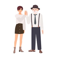 Joyful granddad and granddaughter giving high five. Smiling old man in hat and young teenage girl standing together. Happy family portrait. Colorful vector illustration in flat cartoon style.