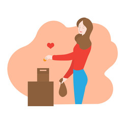 Cartoon volunteer Woman donate Money coin in donation box. Charity and volunteering. Fundraising. Girl make investment. Flat bank payment, trust fund and deposit