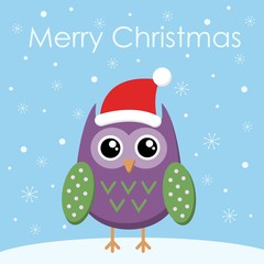 Merry Christmas Greeting card Flat owl in santa hat. Vector illustration.