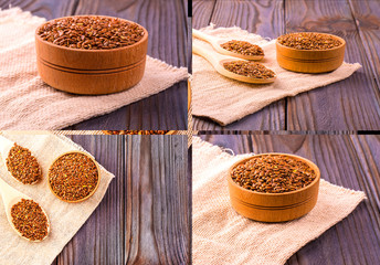 Set of  brown flax seeds or flax seed in a small bowl on sacking