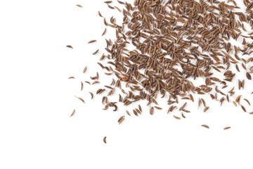 Pile of cumin, caraway seeds isolated on white background, top view
