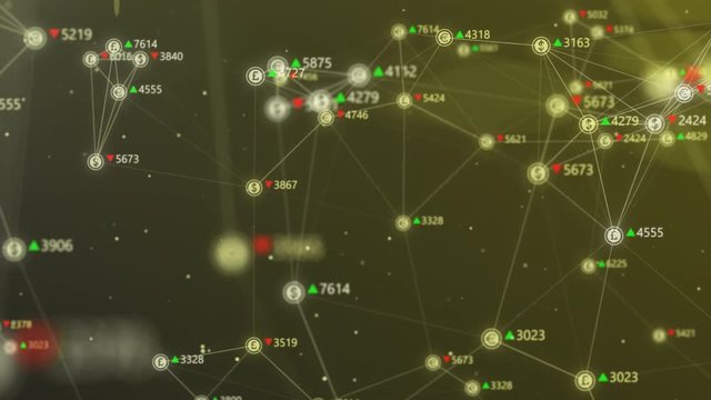 Motion graphics background with world currency signs connected with lines flying through virtual space with animated exchange rates