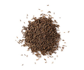 Pile of cumin, caraway seeds isolated on white background, top view