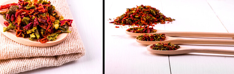 Set of wooden spoon filled with dried peppers and seeds