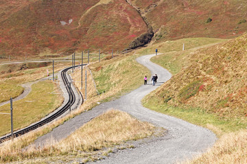 Tourists heading for Fallbodensee (Fallboden lake) - Fallboden, Jungfrau Region, Switzerland