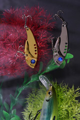 Artificial lures made of metal and plastic with sharp hooks are ideal for fishing for predatory fish