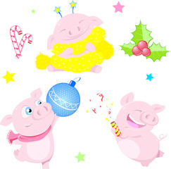 baby, animal, pink, cute, card, illustration, cartoon, love, child, art, design, birthday, holiday, new year, happy, pig, piglet, celebration, Christmas