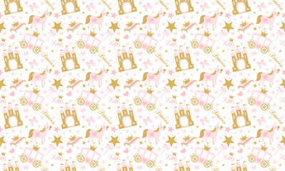 Cute girlish seamless pattern with royal carriage,castle and unicorn. Vector pink background with crown and star.Little princess party (birth, baby shower invite card) Nursery wallpaper and textile