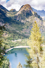 alpine lake in the mountains in the woods seen from above, Valle Antrona, Piedmont Italy