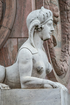 Statue of beautiful sphinx in downtown of Potsdam, Germany, portrait, details
