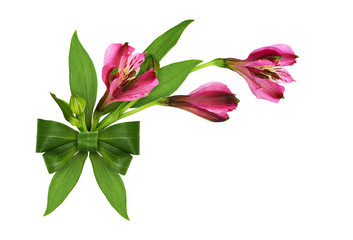 Corner arrangement with alstroemeria flowers and green bow from leaves