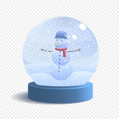 Vector Snow Globe Isolated on White Background. Realistic Glass Sphere with Falling Snow and Snowman. Vector Festive Illustration.