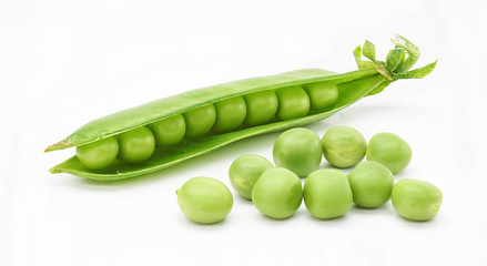 Fresh green pea pod on white background