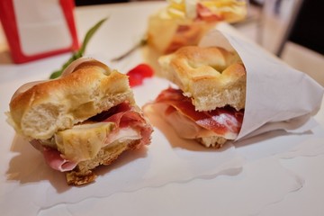 Traditional Italian focaccia. light Italian breakfast in a cafe