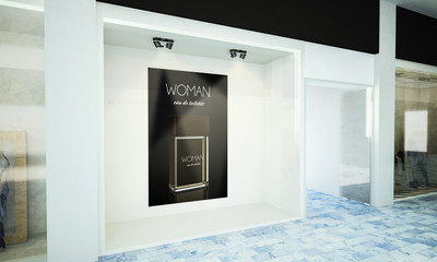 perfume advertising poster at storefront