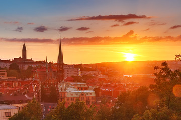 Scenic aerial view of the Old Town with Oscar Fredrik Church in the gorgeous sunset, Gothenburg, Sweden.