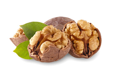 Walnuts in closeup on white background