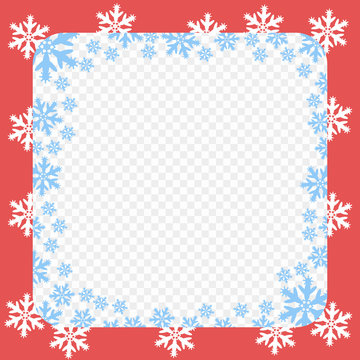 Vector red frame pattern. Christmas and New year with white and blue snowflakes. Transparent isolated background.