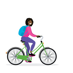 Happy african american female bicyclist with backpack
