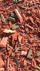 Texture background of fine red color wood chips.