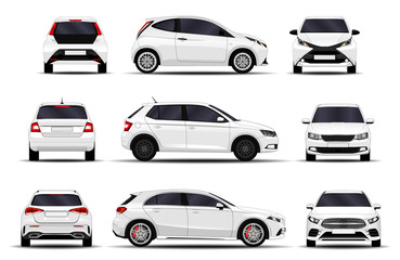 realistic cars set. hatchback. front view, side view, back view. - obrazy, fototapety, plakaty