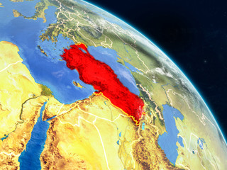 Turkey from space on realistic model of planet Earth with country borders and detailed planet surface and clouds.