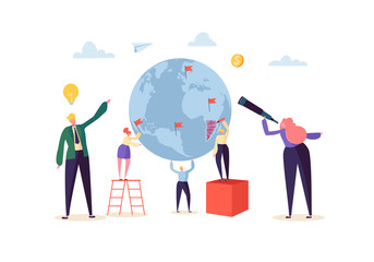 Global Business Concept with Characters Working Together. People Communicating in Work Process. Creative Teamwork Cooperation Worldwide Business. Vector illustration