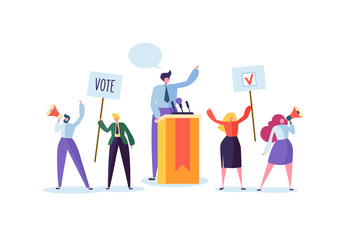 Political Meeting with Candidate in Speech. Election Campaign Voting with Characters Holding Vote Banners and Signs. Man and Woman Voters with Megaphone. Vector illustration