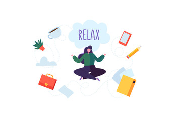 Businesswoman Meditating on Stressful Office Work. Business Character Relaxing on Coffee Break. Meditation Yoga Concept. Vector illustration