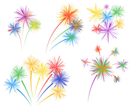 Set fireworks of different kinds. Vector design elements isolated on light background.