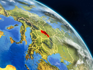 Slovakia from space on realistic model of planet Earth with country borders and detailed planet surface and clouds.