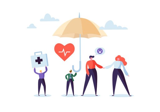 Health Insurance Concept with Characters and Umbrella. Medicine and Healthcare Agent Proposing a Medical Service Contract to the Clients. Vector illustration