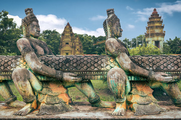 sculptures in a buddhist temple in cambodia