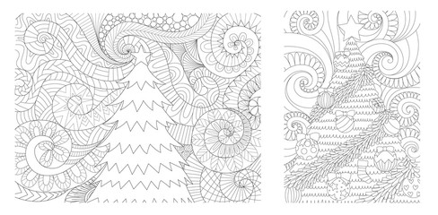 Christmas tree collection for printed cards,invitation,wall decoration and adult coloring book page for anti stress.Vector illustration