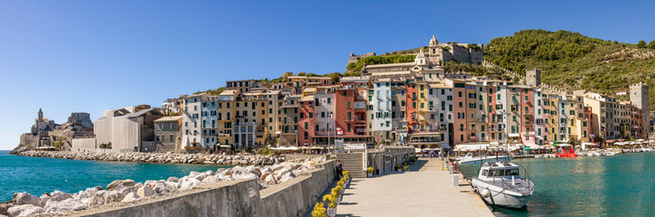 Beautiful panoramic view of the historic center of Portovenere, a characteristic seaside village of Liguria, Italy - obrazy, fototapety, plakaty