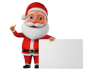 Character Santa Claus and an empty board showing thumb up. 3d rendering illustration for advertising.