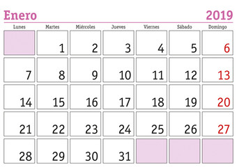 Enero 2019 wall calendar spanish