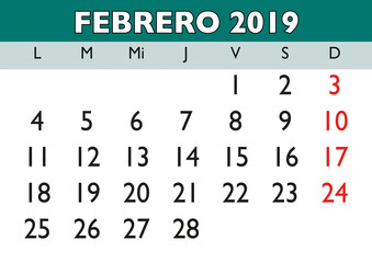 February 2019 wall calendar spanish