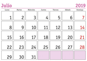 Julio 2019 wall calendar spanish