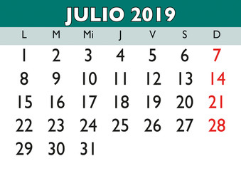 July 2019 wall calendar spanish