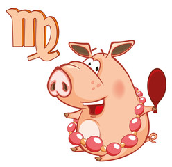  Illustration of a Cute Pig.Astrological Sign in the Zodiac Virgo. Cartoon Character.