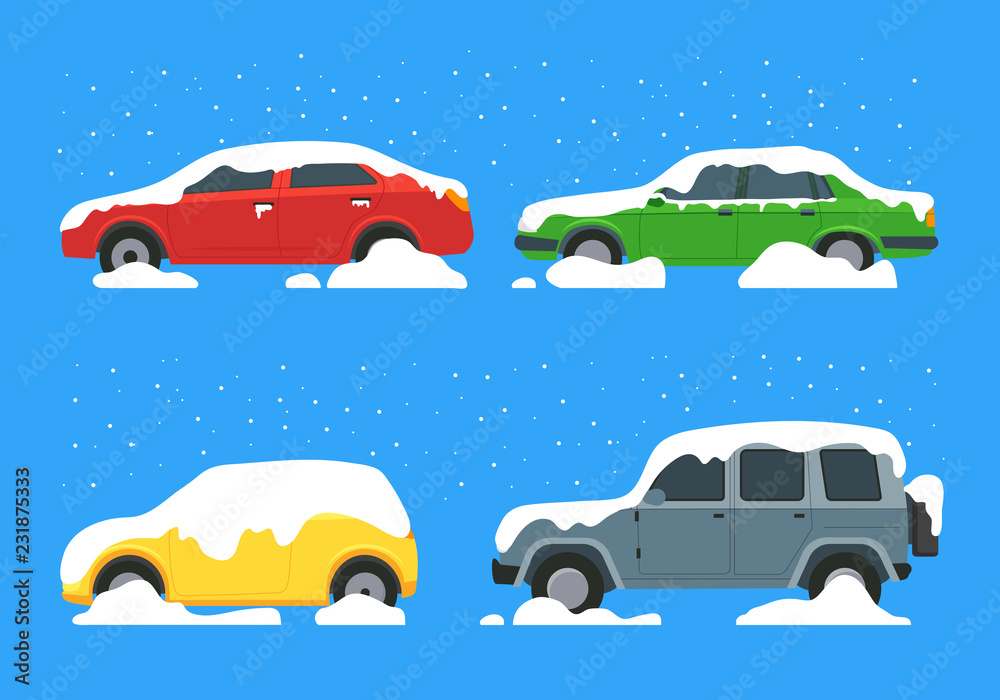 Wall mural Cartoon Color Cars Covered Snow Icon Set. Vector