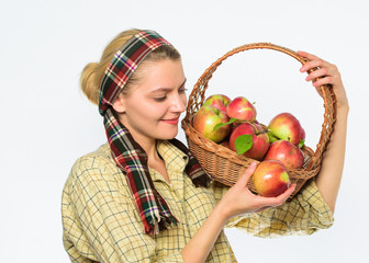 Fototapeta na wymiar Woman gardener rustic style hold basket with apples on white background. Cook recipe concept. Woman villager carry basket natural fruits. Lady farmer gardener know how cook many recipes with apples