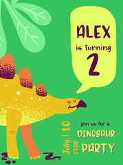 Happy Birthday card with fun dinosaur, Dino arrival announcement, greetings in Vector illustration