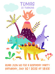 Happy Birthday card with fun dinosaur, Dino arrival announcement, greetings in Vector illustration